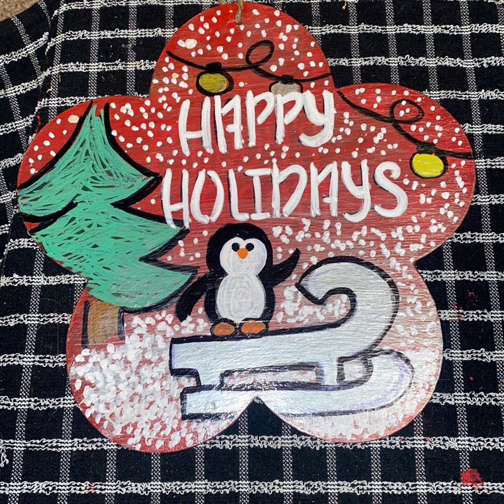 Hand painted Holiday Sign Penguin Christmas Scene